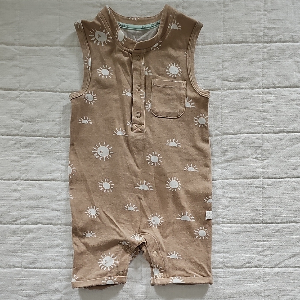 NWOT LouLou Lollipop Tan Sleeveless Baby Romper with Sun Print